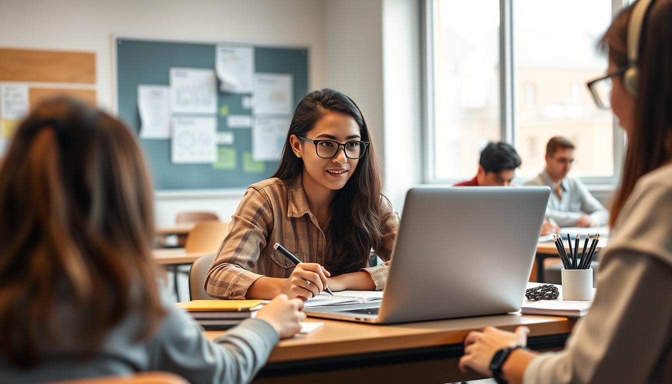 Students studying together in modern classroom