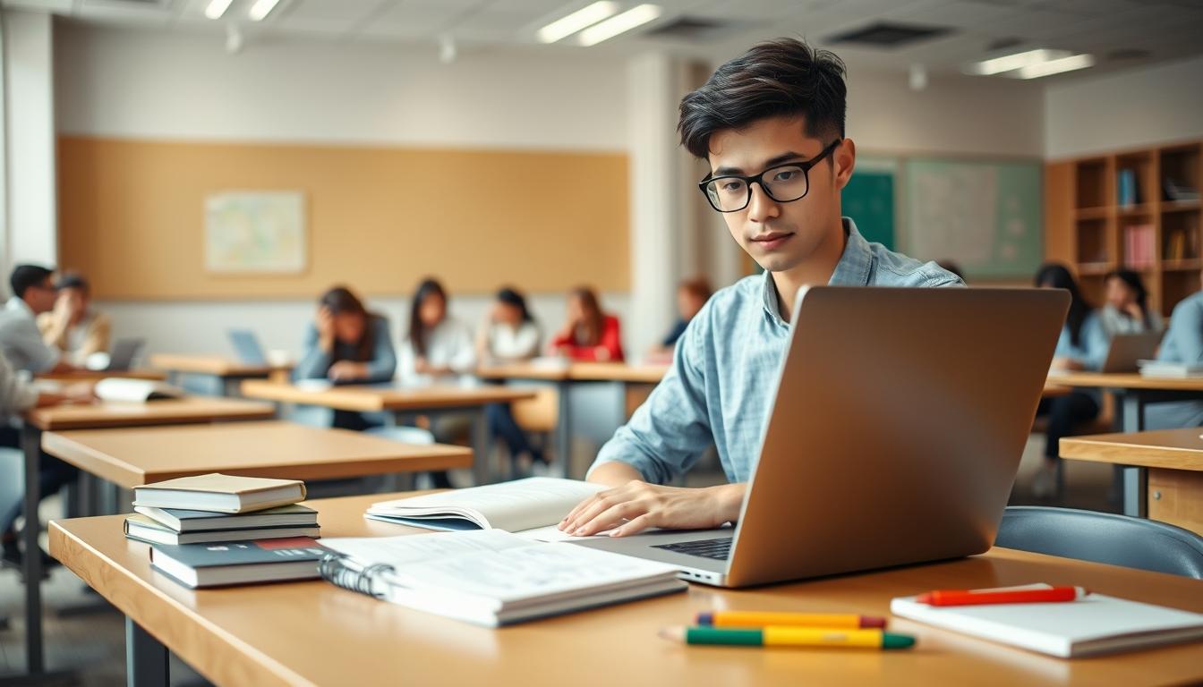 Student using learning strategies while studying